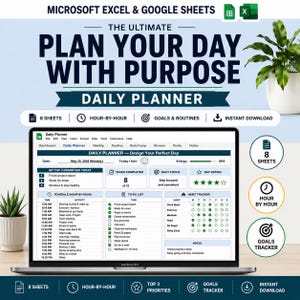 Könnte beinhalten: Eine digitale Tagesplaner-Vorlage für Microsoft Excel und Google Sheets auf einem Laptop-Bildschirm. Die Benutzeroberfläche enthält Bereiche für tägliche Prioritäten, Aufgaben, einen stündlichen Zeitplan, eine To-Do-Liste und einen Gewohnheitstracker.