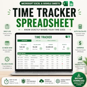 Könnte beinhalten: Eine Zeiterfassungs-Tabelle für Microsoft Excel und Google Sheets auf einem Laptop-Bildschirm. Die Benutzeroberfläche zeigt ein Dashboard mit Gesamtstunden, abrechenbaren Stunden, Einnahmen, aktiven Projekten und einer detaillierten Zeittabelle.