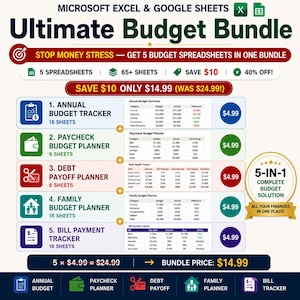Könnte beinhalten: Ein digitales Paket für Microsoft Excel und Google Sheets mit dem Titel Ultimate Budget Bundle. Es enthält fünf Tracker: Jahresbudget, Gehaltsbudget, Schuldenabbau, Familienbudget und Rechnungszahlung, insgesamt 65 Tabellenblätter mit Preisangaben.