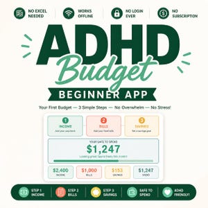 Könnte beinhalten: Eine digitale Benutzeroberfläche für eine ADHD-Budget-App für Anfänger mit dunkelgrünem Text und Symbolen. Sie zeigt drei Schritte für Einkommen, Rechnungen und Ersparnisse, mit einem verfügbaren Betrag von 1.247 $ und einer Fortschrittsanzeige.