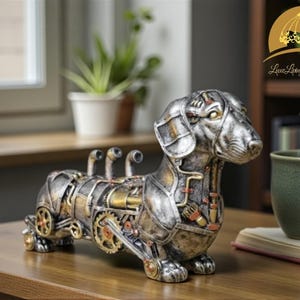 May include: A detailed steampunk dachshund ornament in silver, bronze, and gold. The dog has mechanical features like gears and pipes. It sits on a wooden table. A cup of coffee and a book are in the background. The figurine is approximately 25 cm long.