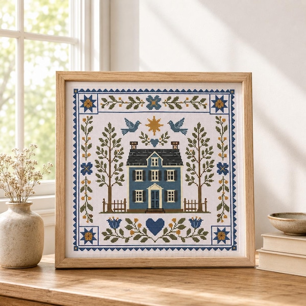 Folk House Cross Stitch Pattern PDF Sampler Birds Hearts Trees Chart
