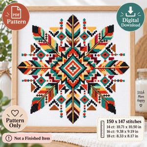 Op de afbeelding: Een kruissteekpatroon met een symmetrisch geometrisch ontwerp en gestileerde veren in teal, oranje, geel en zwart op een witte achtergrond. De tekst bevat 150 x 147 steken en afmetingen voor 14, 16 en 18 count stof in inches weergegeven.