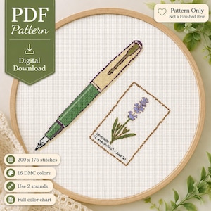 May include: A cross-stitch PDF pattern featuring a green and beige pen and a lavender sprig. The pattern includes the text "PDF Pattern" and "Digital Download". The design is in a wooden embroidery hoop, with the text "Pattern Only Not a Finished Item".