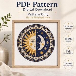 Puede incluir: Un patrón de punto de cruz digital en PDF con un diseño circular que muestra un sol a la izquierda y una luna creciente a la derecha, rodeado por un borde decorativo. El texto incluye PDF Pattern, Digital Download, 143 x 200 puntadas, 25 colores DMC, 14ct: 25,9 x 36,3 cm y 2 hebras para punto de cruz.