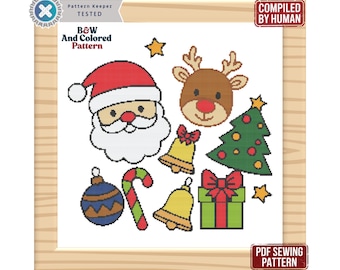 May include: A cross-stitch pattern with festive Christmas motifs. The design includes Santa Claus, a reindeer, a Christmas tree, baubles, bells, a candy cane, and a present. The text "B&W And Colored Pattern" is visible.