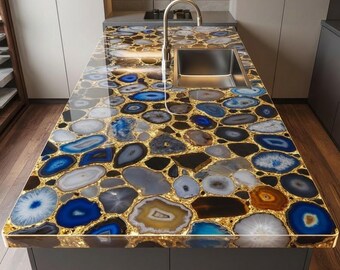 Encimera de cocina artesanal de ágata azul – Tablero de geoda de resina retroiluminado