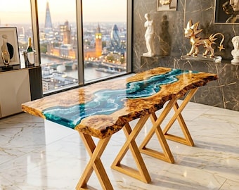 Mesa de comedor de resina epoxi con diseño oceánico, mesa de madera con borde natural, mesa de comedor de resina azul, muebles costeros hechos a mano, mesa de comedor de lujo.