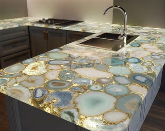 Custom Aqua Agate Stone Countertop | Translucent Gemstone Surface