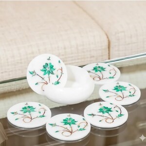 Handmade Marble Flower Coasters Set, Inlay Work, with Holder