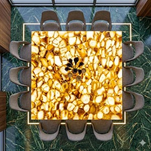 May include: Overhead view of a square dining table with a golden, agate-like surface, surrounded by ten gray upholstered chairs. A black chandelier hangs above the table. The floor is green marble. The table is approximately 10 feet by 10 feet.