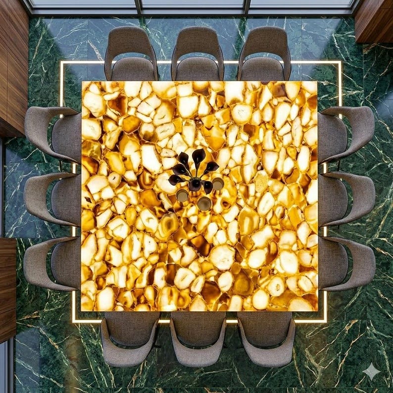 May include: Overhead view of a square dining table with a golden, agate-like surface, surrounded by ten gray upholstered chairs. A black chandelier hangs above the table. The floor is green marble. The table is approximately 10 feet by 10 feet.