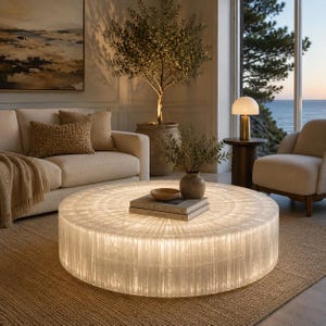 Peut inclure: Une grande table basse circulaire et basse, fabriquée dans un matériau blanc translucide à nervures verticales qui émet une douce lueur interne. La surface de la table est plate et présente un motif radial, supportant deux livres empilés et un petit bol.