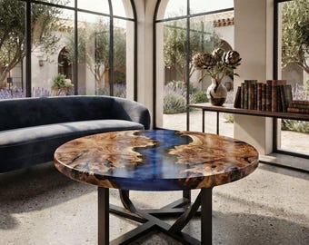Round Live Edge Olive Wood Coffee Table, Cobalt Blue Epoxy Resin River, Statement Bohemian Luxury Furniture, Sunroom/Patio Decor