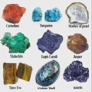 May include: Image showcasing various stones used for inlay table tops. Featured stones include Carnelian, Turquoise, Mother of Pearl, Malachite, Lapis Lazuli, Jasper, Tiger Eye, Abalone Shell, and Azurite. Each stone is labeled with its name.