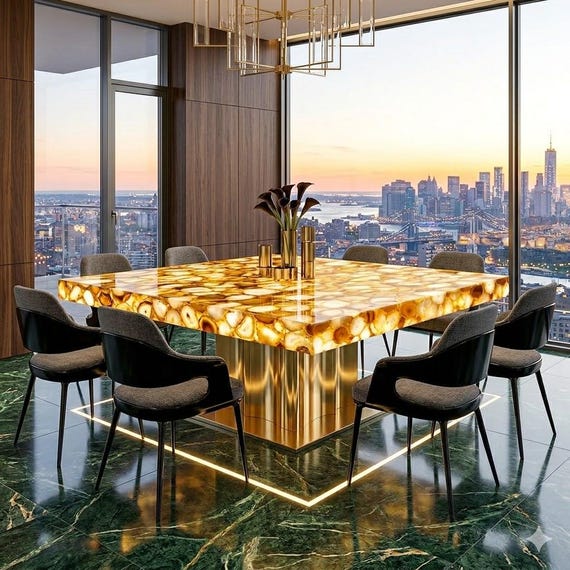 Golden Honey Agate Dining Table, Rectangular Crystal Stone Top, Luxury Designer Dining Setup, Elegant Interior Centerpiece