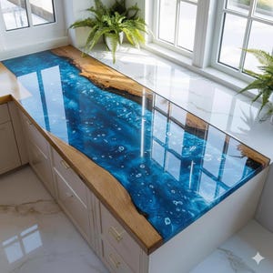 May include: A custom kitchen countertop with a unique design. The countertop features a vibrant blue epoxy resin river flowing through natural wood. The wood has a light brown color. The countertop is installed over white cabinets with gold hardware.