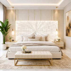 Può includere: Una camera da letto con un letto dalla struttura imbottita bianca, una grande testiera illuminata con motivo a raggiera e una panca trapuntata con base in metallo dorato. Due comodini bianchi con dettagli dorati, lampade a sospensione e una pianta alta.