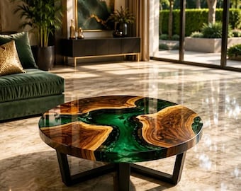 Luxury Green Epoxy Resin Round Coffee Table | Handmade Wood River Table | Modern Designer Living Room Furniture