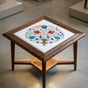 Floral Marble Inlay Side Table – Handmade Pietra Dura Wooden Accent Table