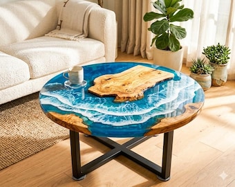 Ocean Theme Epoxy Resin & Wood Round Coffee Table | Handmade Coastal Center Table