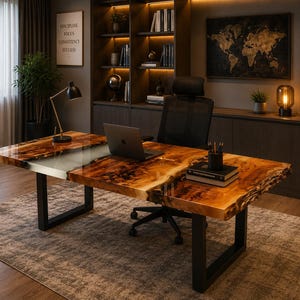 Schreibtisch aus Walnussholz mit natürlicher Baumkante und Epoxidharz, Schreibtisch aus Flussharz, handgefertigter Bürotisch, moderner Computertisch, luxuriöse Büromöbel, individueller Schreibtisch