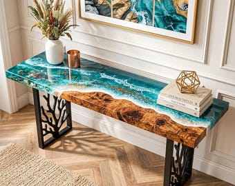 Ocean Resin Console Table, Live Edge Wood Entryway Table, Coastal Epoxy River Table, Beach Wave Sofa Table, Handmade Hallway Furniture.