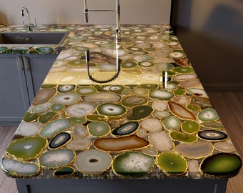 Encimera de ágata musgosa de oliva hecha a mano / Losa de piedra preciosa retroiluminada