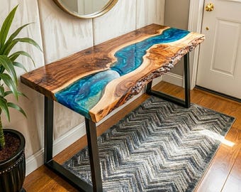 Live Edge River Table, Epoxy Resin Console Table, Walnut Entryway Table, Handmade Wood River Desk, Modern Hallway Table, Rustic Luxury table
