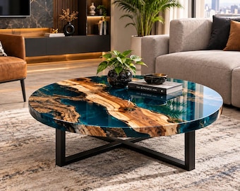 Luxe ronde salontafel van epoxyhars, houten tafel met natuurlijke rand, moderne rustieke salontafel, handgemaakte design woonkamermeubels