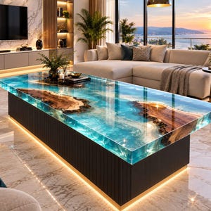Puede incluir: Una mesa de centro rectangular con un borde de madera natural incrustado en una superficie de resina azul translúcida que imita el agua del mar. La mesa tiene una base negra de listones verticales con iluminación cálida integrada.