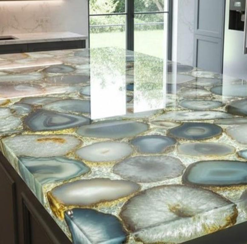 Isla de cocina artesanal de ágata azul con encimera de piedras preciosas retroiluminada imagen 3