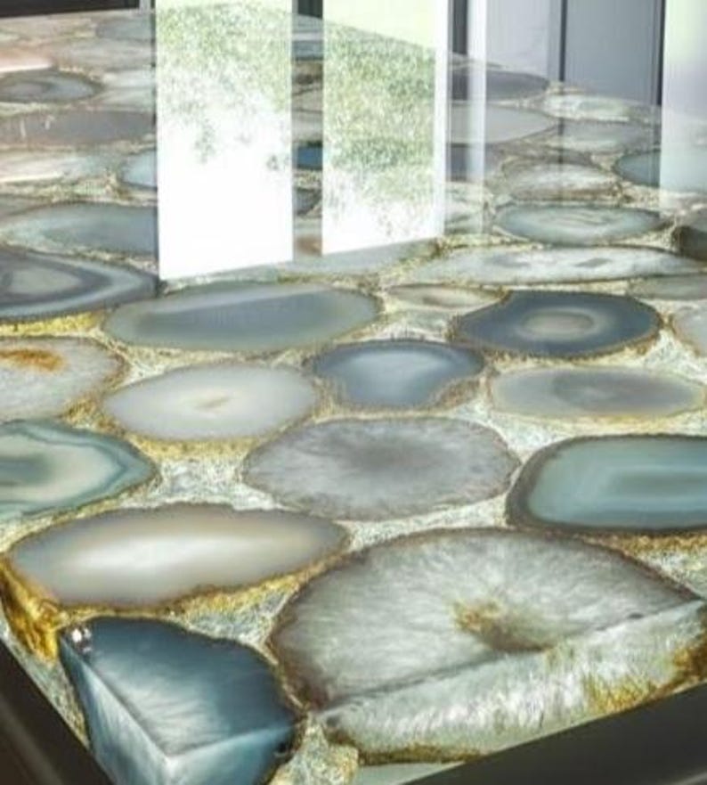 Isla de cocina artesanal de ágata azul con encimera de piedras preciosas retroiluminada imagen 2