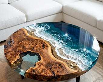 Prachtige oceaanresin salontafel | Epoxyhars strandkunsttafel | Handgemaakte luxe houtharsmeubels