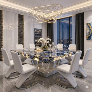 May include: A modern dining room featuring a large square table with a blue and white patterned surface. Eight white chairs surround the table. A gold chandelier hangs above. The room has a wine cooler and a large window.