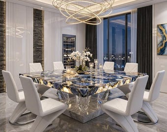 Luxury Blue Agate Dining Table | Modern Epoxy Resin Dining Table | Handmade Stone Table | Contemporary Dining Room Furniture | Luxury Home.