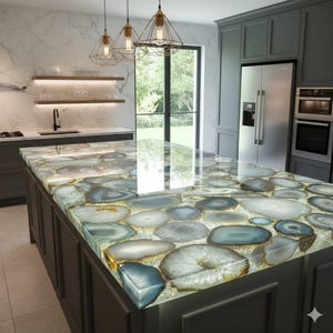 Isla de cocina artesanal de ágata azul con encimera de piedras preciosas retroiluminada imagen 1