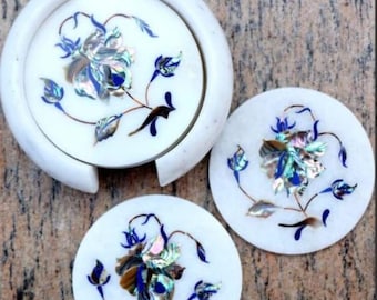 Handmade Mugal Art Marble Coasters, Set of 6 with Holder