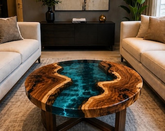 Handmade Wood Epoxy Coffee Table, Round Resin River Table, Luxury Living Room Center Table, Modern Walnut Epoxy Furniture Decor