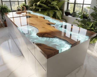 Ręcznie wykonany przezroczysty stolik konsolowy z żywicy epoksydowej River: nowoczesny drewniany blat barowy
