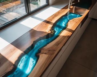 Handmade Sky Blue Epoxy Resin River Table - Live Edge Walnut Wood