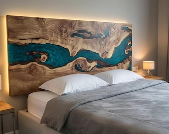 Handmade Epoxy Resin Headboard, Solid Wood Bed Back Panel