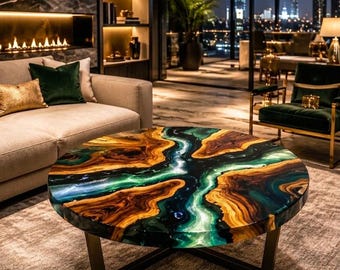 Luxury Emerald River Epoxy Resin Round Coffee Table | Handmade Modern Wood & Resin Center Table | Custom Designer Living Room Table