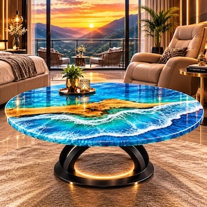 Peut inclure: Une table basse ronde dotée d'un plateau en bois à bord naturel incrusté dans de la résine bleue et turquoise imitant les vagues de l'océan avec des détails d'écume blanche. La table possède une base circulaire noire avec éclairage LED.