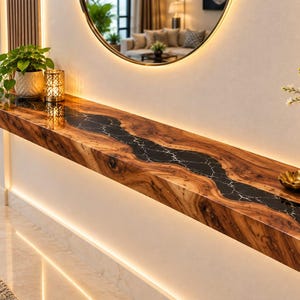 May include: A long, wall-mounted floating console shelf featuring a natural wood grain edge and a central inlay of black resin with white marble-like veining. The shelf is illuminated by integrated LED lighting along the wall.
