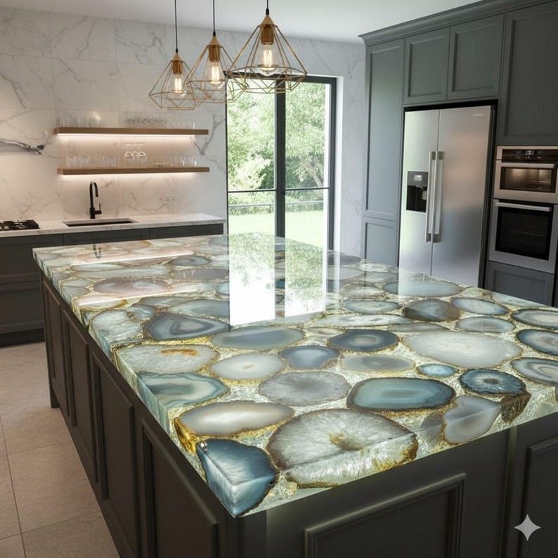 Puede incluir: Isla de cocina con encimera de rodajas de &aacute;gata pulidas y transl&uacute;cidas en tonos azules, grises y dorados. La isla tiene una base marr&oacute;n oscuro y est&aacute; iluminada por l&aacute;mparas colgantes. La cocina cuenta con un refrigerador de acero inoxidable y gabinetes grises.