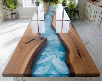Handmade Live Edge Wood River Table – Sky Blue Epoxy Resin Countertop