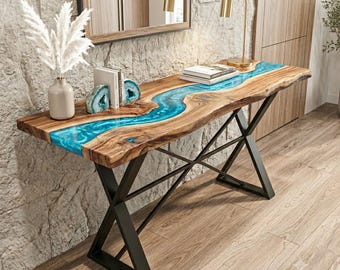 Live Edge Epoxy River Console Table, Walnut Wood Resin Entryway Table, Blue Epoxy Sofa Table, Handmade River Table, Modern Hallway Furniture