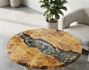 Round Live Edge Epoxy Coffee Table,Blue Resin River Center Table,Modern Rustic Living Room Furniture,Luxury Round Ocean Epoxy Coffee Table,