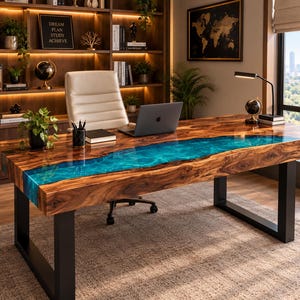 Peut inclure: Un grand bureau rectangulaire doté d'un plateau en bois naturel avec une incrustation centrale en résine bleue vive imitant une rivière. Le bureau est soutenu par deux pieds robustes en métal noir en forme de U et porte un ordinateur portable.